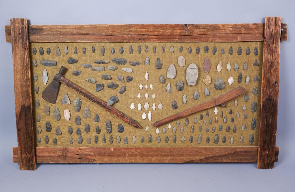 Historic NY American Indian Points Tomahawk Collection: Indian Arrowhead Plaque: Created and made by Elmer Carney of Kingston, NY. Wood framing the plaque comes from boards that had to be removed from Perrine's Covered Bridge in the town of Esopus. The bri