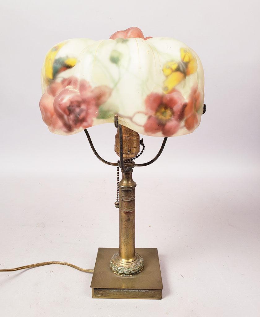 Pairpoint Glass Shade Puffy Lamp: This is a signed reverse painted Pairpoint glass shade lamp. 12" x 8.75"