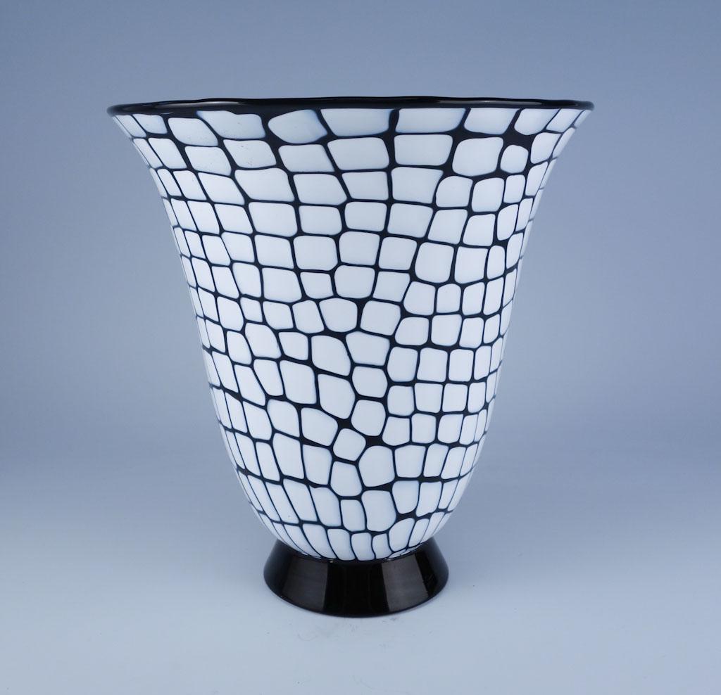 Barovier & Toso Murano Signed Art Glass Vase: Black and white mosaic 8.50" tall, 8" diameter