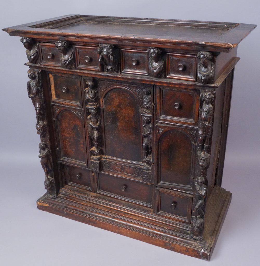 Renaissance Style Carved Walnut Cabinet Chest: This is a Renaissance style walnut wooden carved cabinet chest. 28.25"x27"x14.25"