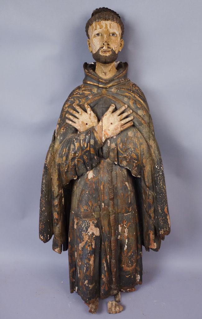 Spanish Colonial HP Figural Wooden St Francis of Assisi: This is an antique Spanish colonial wooden santos figurine of St. Francis of Assisi. 39.5"