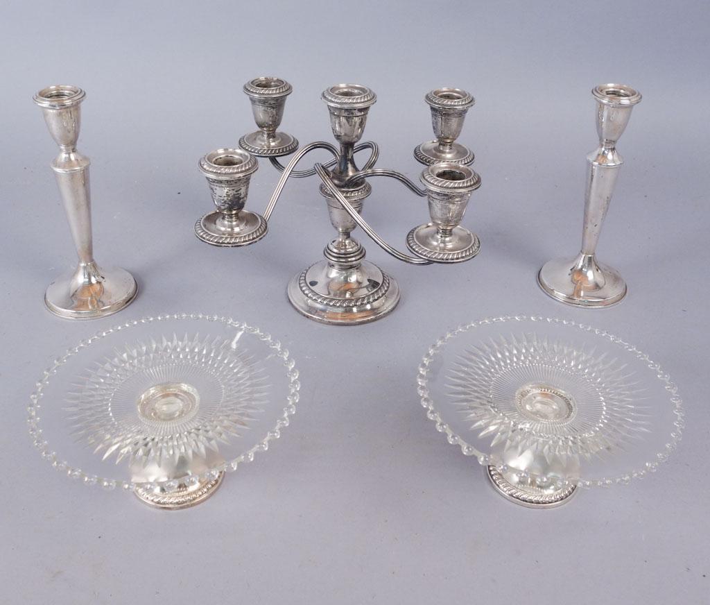 Tray Lot Sterling Silver & Glass: This is a lot of vintage sterling silver candle holders, a candelabra, and two low silver and glass compotes. Candelabra: 7.75' tall, 11.50" across