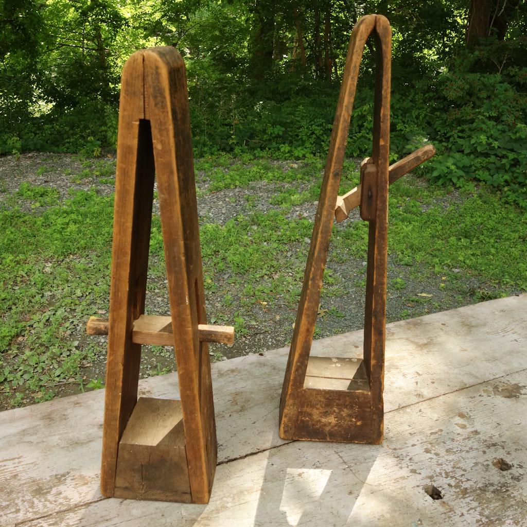 American Primitive Wooden Saw Clamps: This is a near pair of antique wooden saw clamps with different opening mechanisms 27"