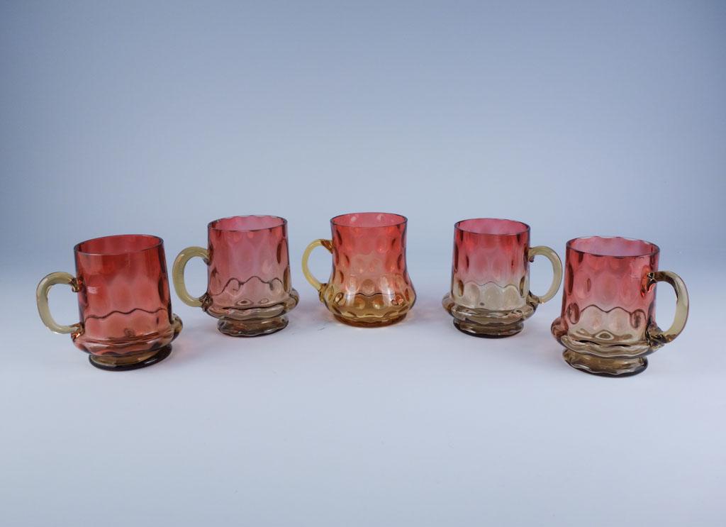 Lot of 5: 4 Rubina Verde, 1 Amberina Thumb Print Mugs: Lot of 5 pieces: Rubina Verde Punch Cup Set of 4 & Amberina Punch Cup 3 1/4"