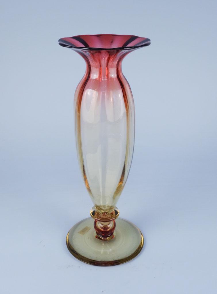 Amberina Ribbed Vase w Paper Libbey Label: Amberina Ribbed Vase w Paper Libbey Label 7 7/8"