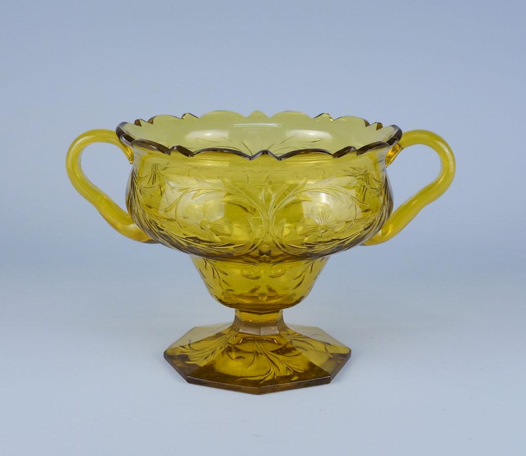 Bristol Yellow Floral Steuben Footed Handled Bowl: Bristol Yellow Floral Carved Steuben Footed Handled Bowl 4 1/2" tall Signed 5 1/4