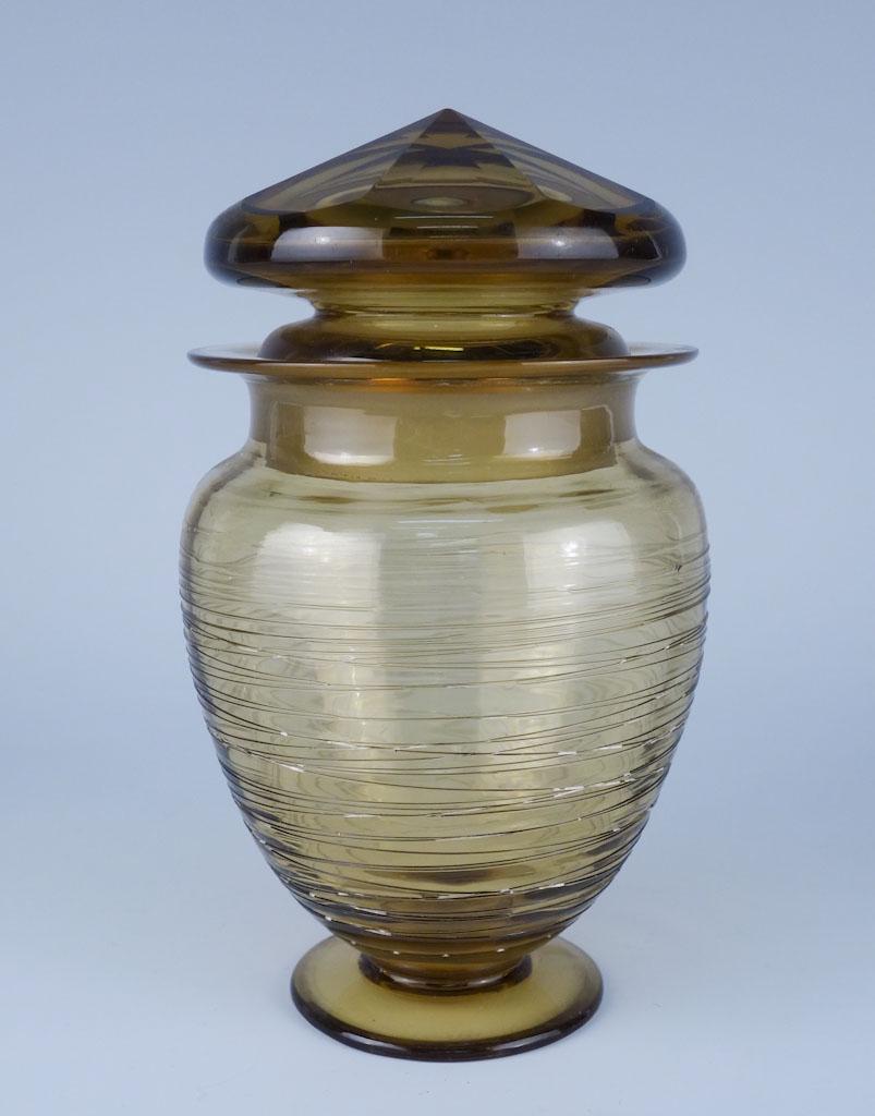 Signed Steuben Threaded Stoppered Jar: Steuben Threaded Stoppered Jar Signed 7in