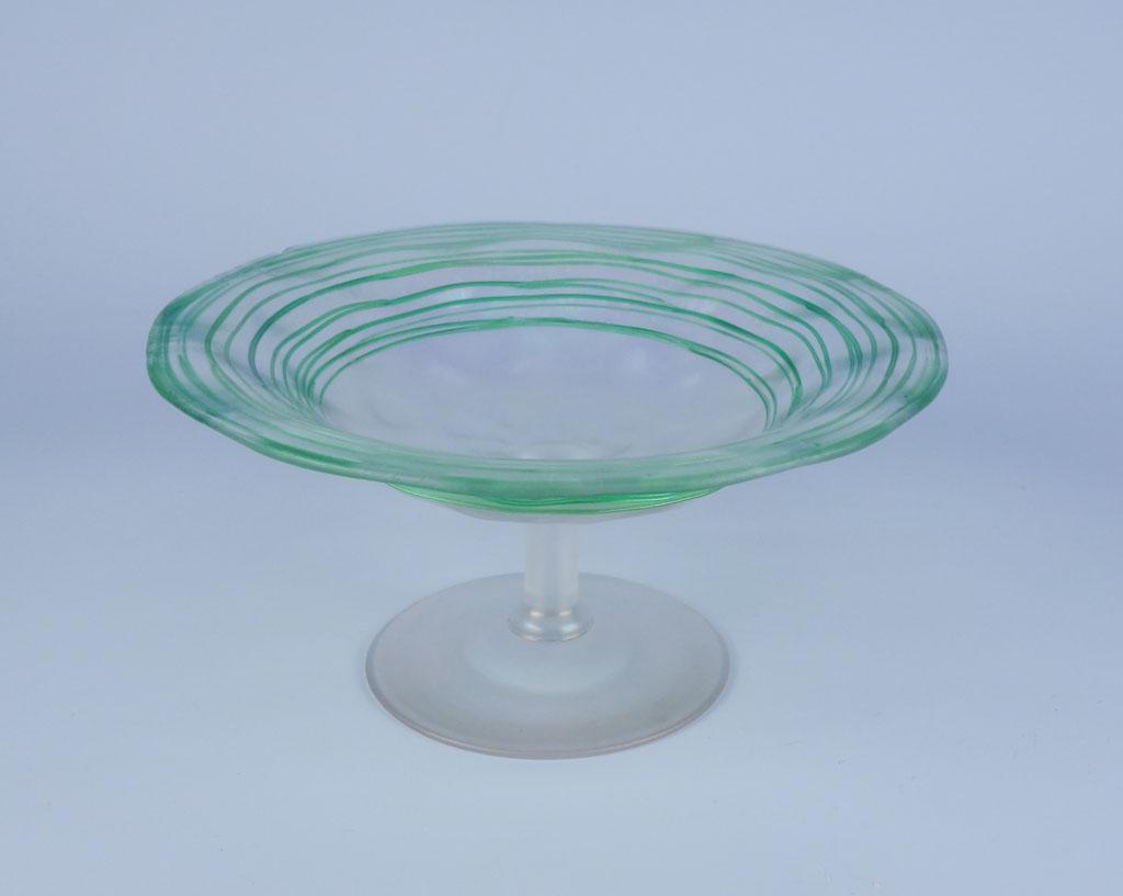 Steuben Threaded Green Iridescent Low Compote Form 1362: Steuben Threaded Green Iridescent Low Compote with a chip Form 1362 6in
