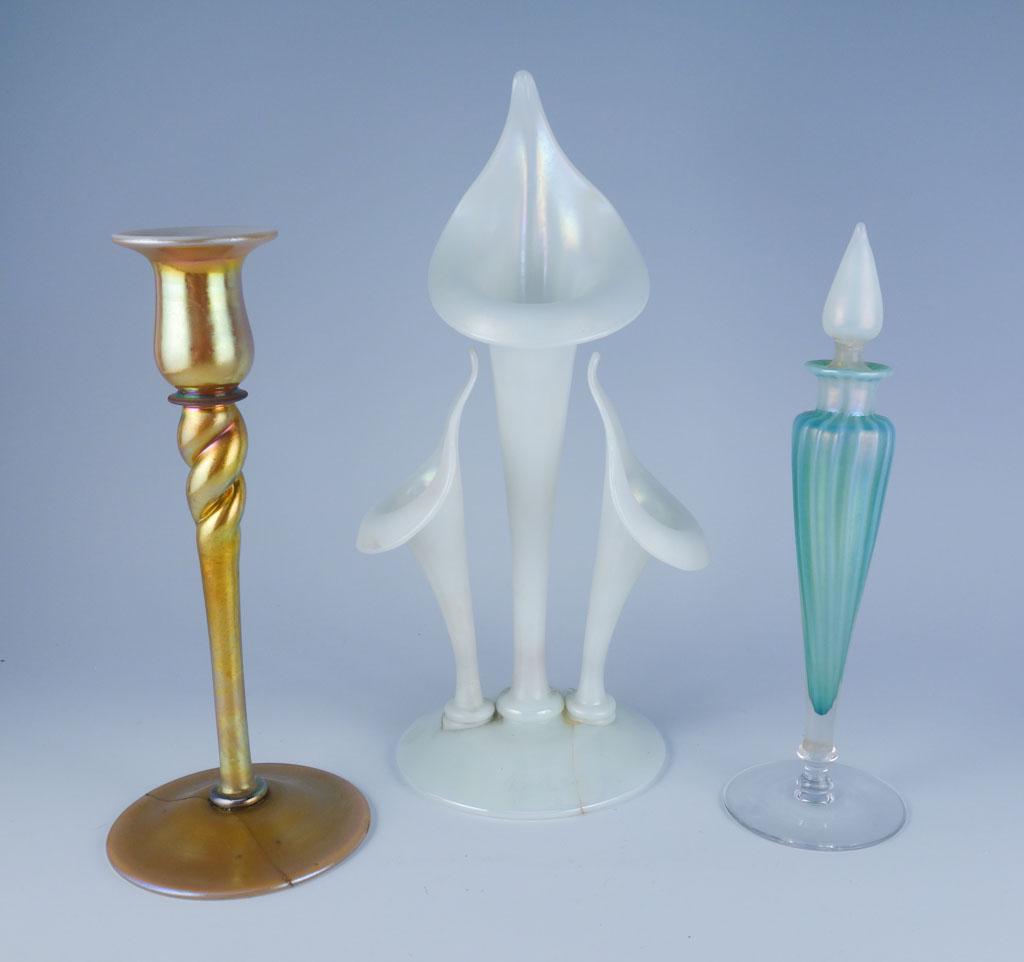 3pc Steuben Aurene Candle Perfume 693 Pulpit Vase 7595: Lot 3 Footed Blue Ribbed Perfume Aurene Twist Candle Stick Restored 10" Form 693 & jack in the pulpit vase 7595 10in, 7 3/4in, 12 1/2in