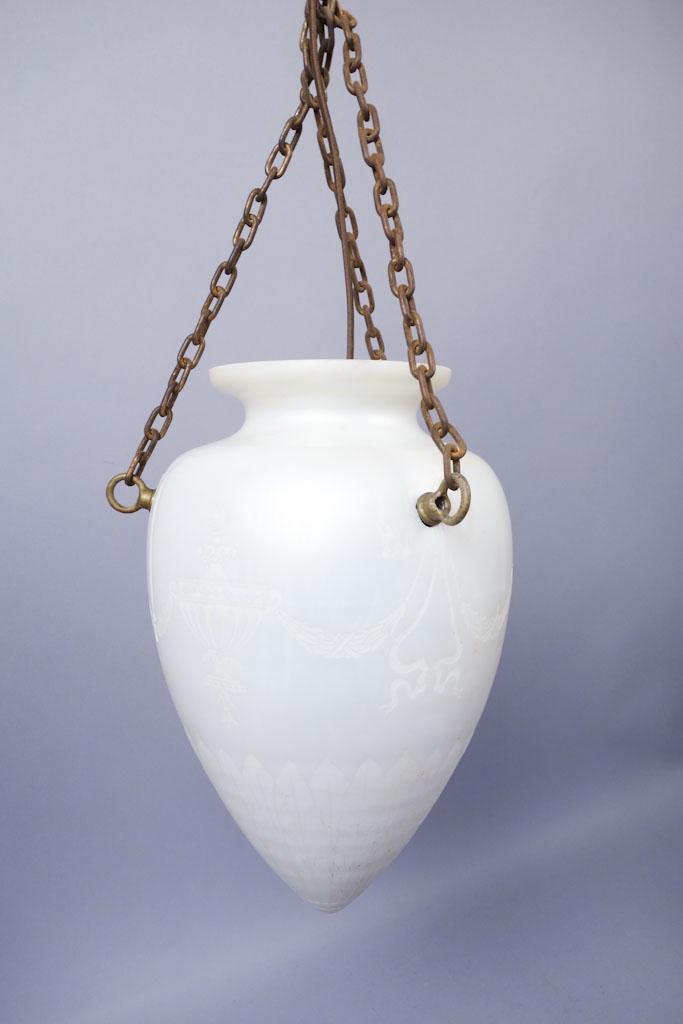 Signed Acid Etched Calcite Pendant Lamp Damaged: Signed? Acid Etched Calcite Pendant Lamp Damaged, old repairs, paint splatter 30" total length incl fixture, 12 1/2" tall pendant only, 5 3/8" top diameter, 8" max diameter