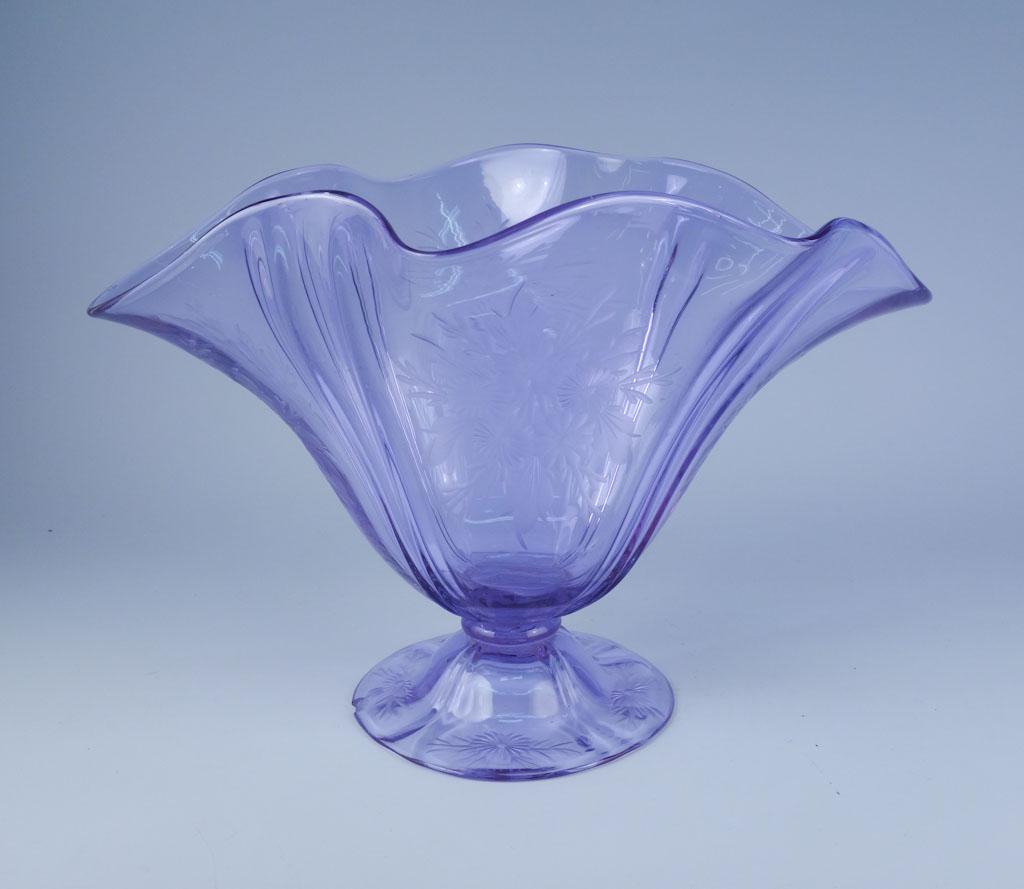 Steuben Celeste Blue Centerpiece Bowl Form 7307: Steuben Celeste Blue Floral Etched Footed Ruffled Centerpiece Bowl Chipped Form 7307 12in