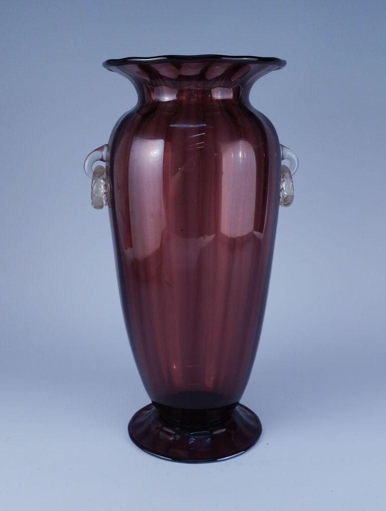 Steuben Purple Optic Rib Footed Vase Form 2908: Steuben Purple Optic Rib Footed Vase Colorless Handles heat check flaw at one handle Form 2908 12in