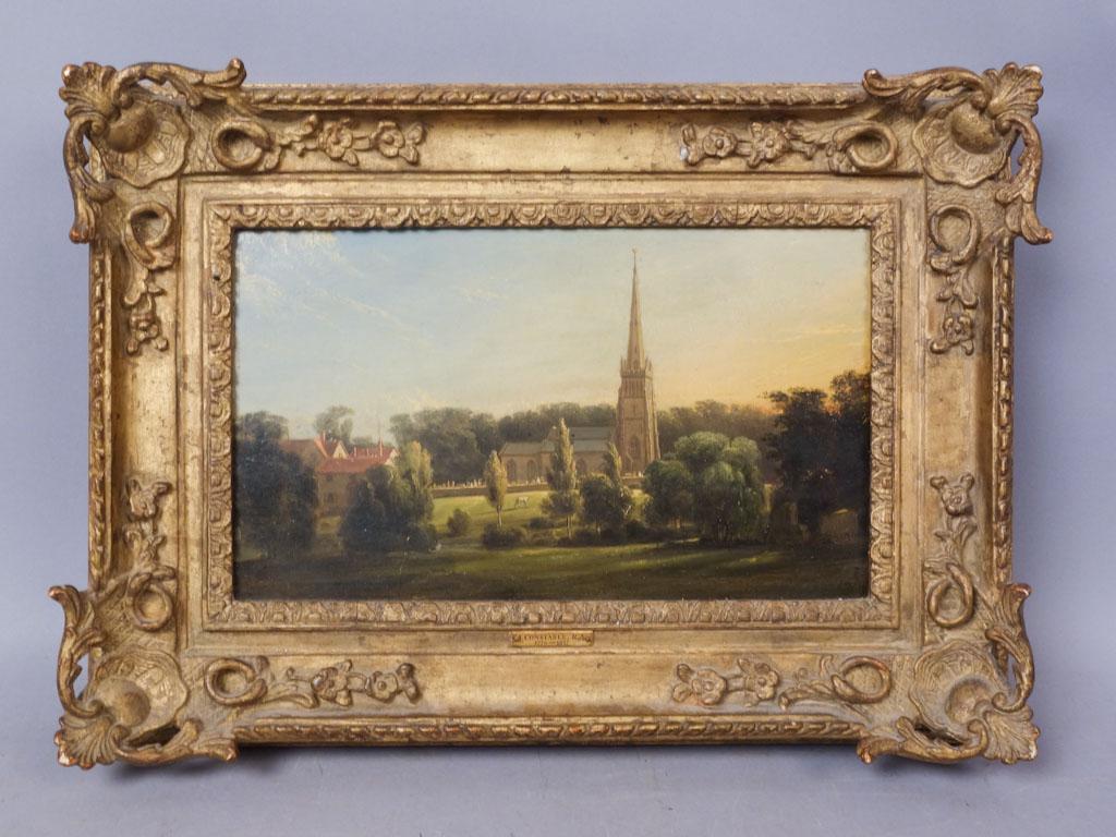 John Constable painting Hon. A. Shirley Expertization: Polstead Church, Essex: Summer Evening" with letter of expertization from Hon. Andrew Shirley (29 December 1900 â€“ 20 June 1958), married Ethel Muriel Lewis on 30 April 1927 and had issue, art h