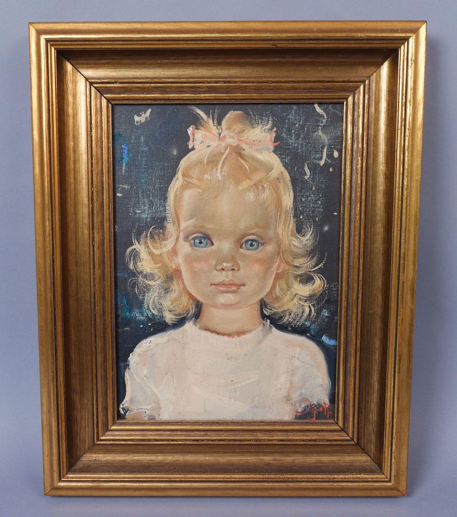 Igor Pantuhoff 1950s Painting of Blonde Toddler: Portrait of Tracey Milligan by Igor Pantuhoff. Signed, includes photos of subject and artist. Photos dated 1956. canvas: 10" x 14 1/8" frame: 15 1/2" x 19 1/2" x 1 7/8"
