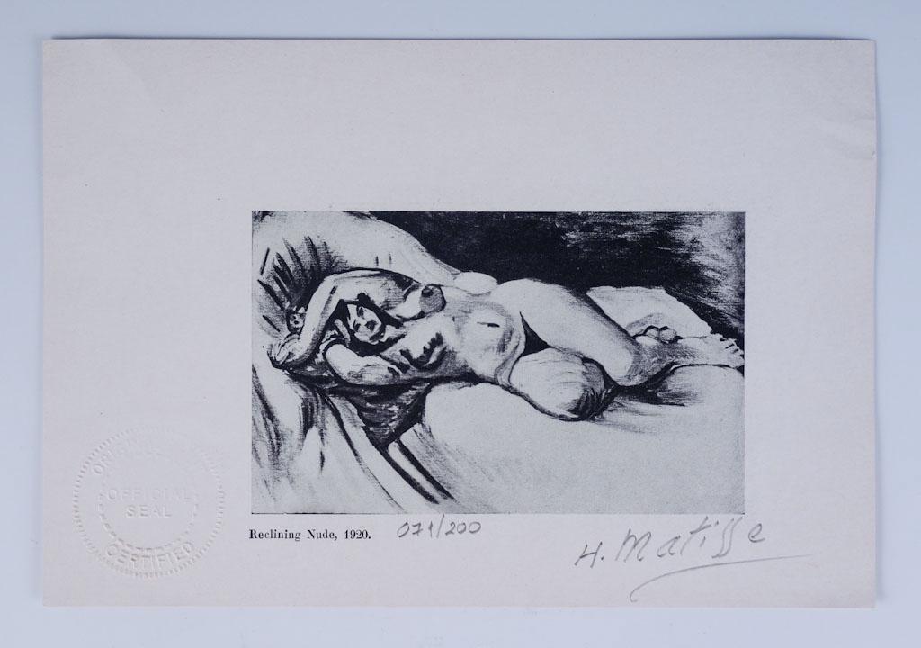 Henri Matisse Signed "Reclining Nude" Print w LOC: A signed print of Henri Matisse's"Reclining Nude, 1920" with a letter of authenticity 8 1/4" x 6 3/4"