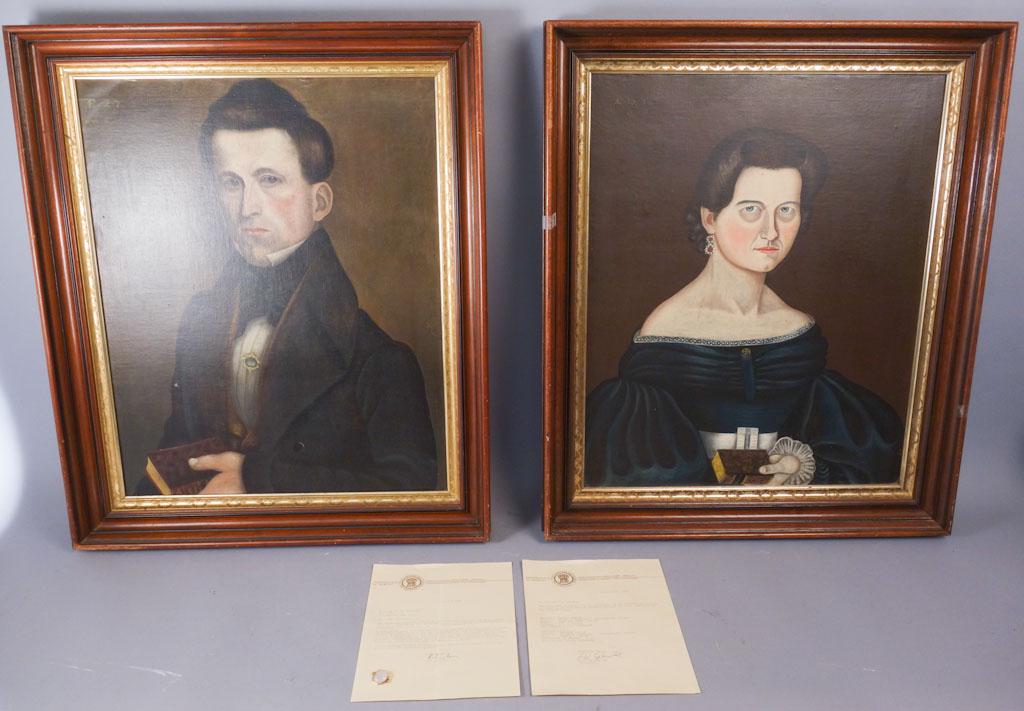 Aaron Fletcher Folk Art Identified Portraits w Brooch: This is a pair of portraits depicting Lucius Weston and Matilda Weston attributed to American artist Aaron Fletcher. They are dated to 1836. These paintings come with an appraisal and the jeweled broo