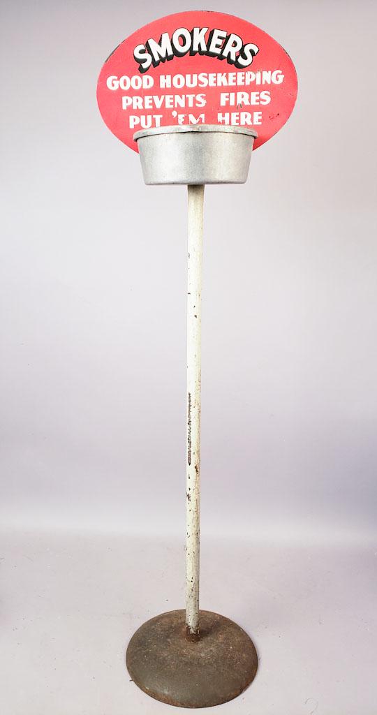Vintage Steel & Enamel No Smoking Sign Ashtray: A tall steel enamel no smoking sign with ash tray. 47.50"