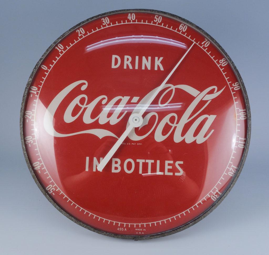 Vintage Advertising Coca-Cola Thermometer: A vintage Coca-Cola advertising thermometer. 12" diameter