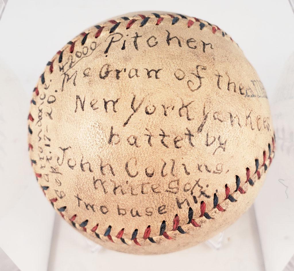 1920 Yankees White Sox Game Used Baseball: 1920 Yankees White Sox Game Used Baseball. In this game the Yankees tossed the White Sox back into second place in the race for the playoffs. Babe Ruth failed in pinch-hit attempt. This ball was pitch