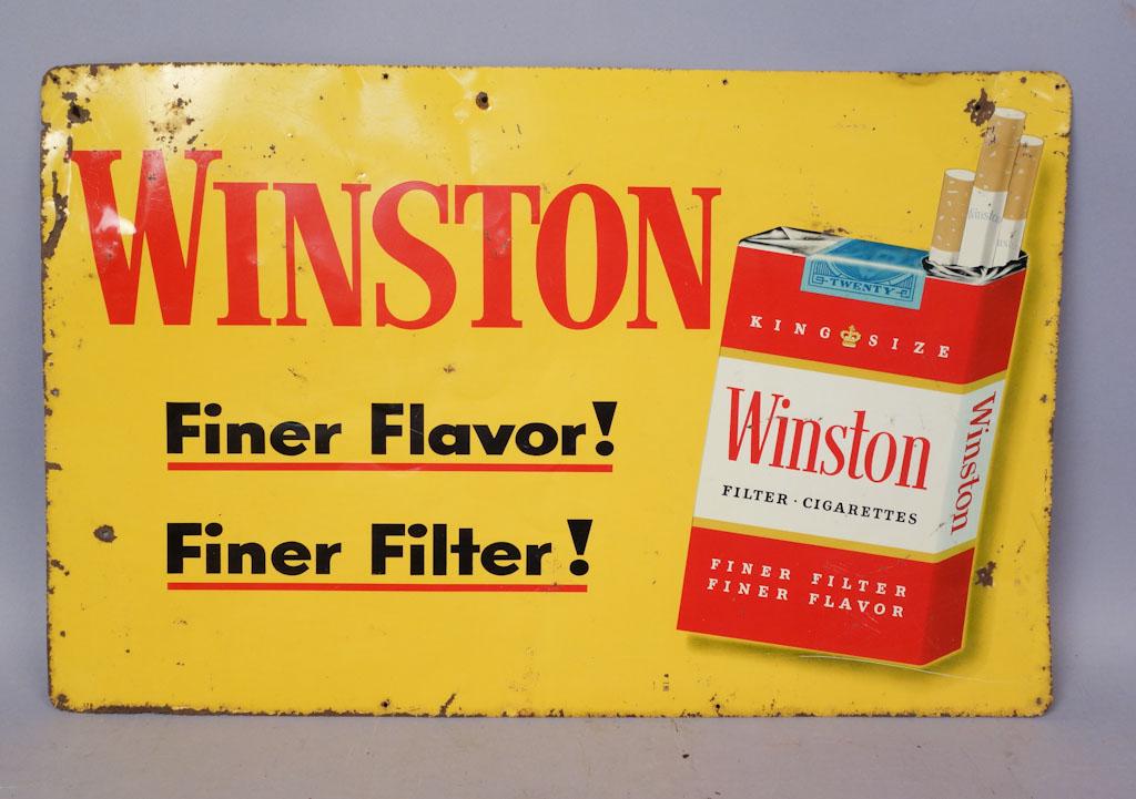Winston Cigarettes Metal Advertising Sign: A vintage advertisement for Winston cigarettes that boasts "Finer Flavor! Finer Filter!" 22"x14"