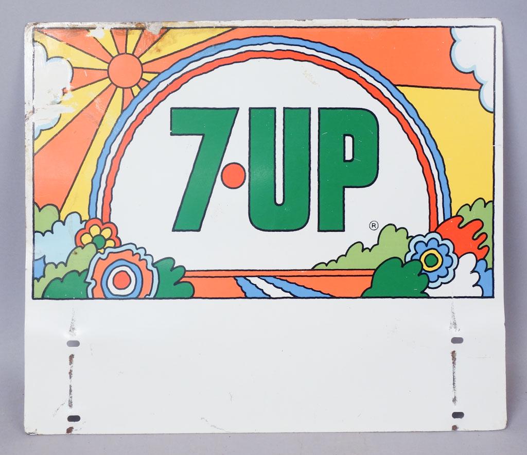 7-Up Metal Advertising Sign Peter Max Design: A vintage 7-Up advertising sign with artwork designed by Peter Max 16 1/4" x 14"