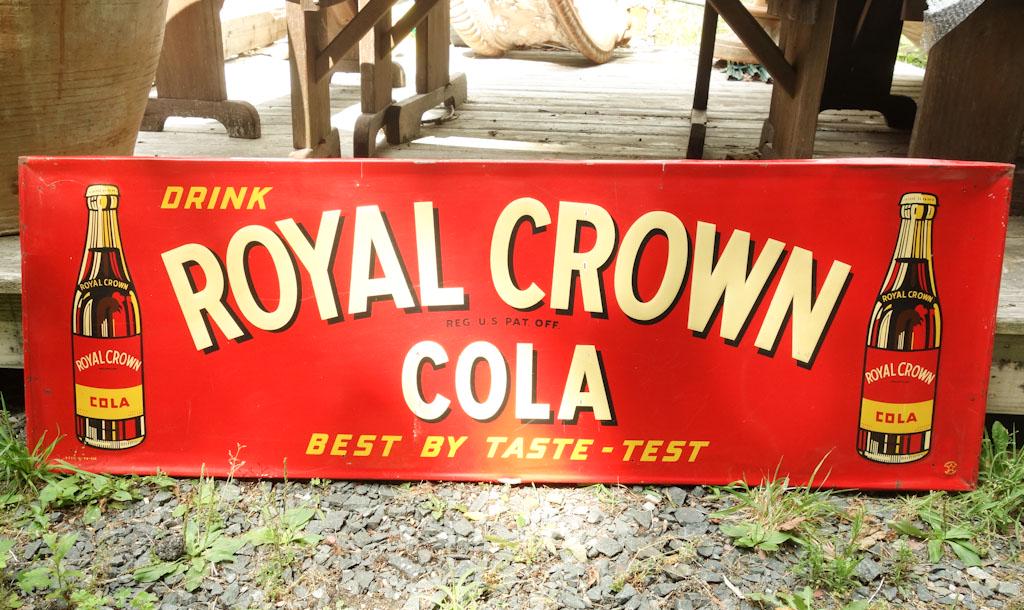 Royal Crown Cola Metal Advertising: A vintage advertisement for Royal Crown Cola featuring a single bottle and the phrase "Best By Taste-Test" depth is on turned edges top and bottom 53.75" x 18" x 0.75"