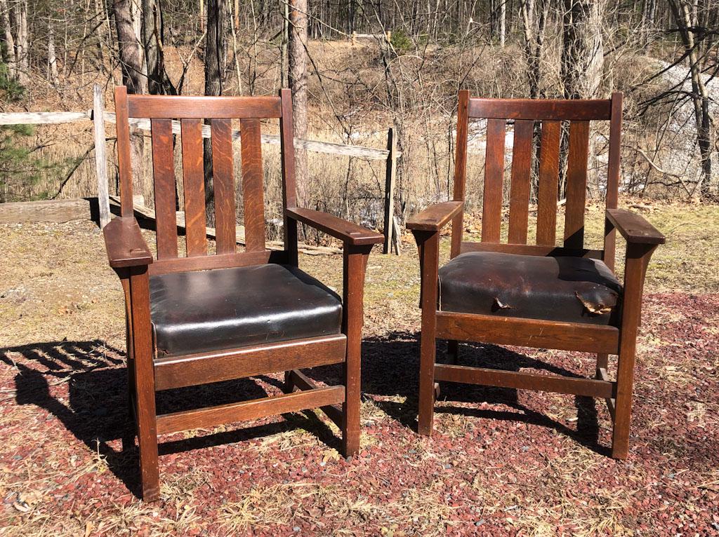 Antique Pair L&JG Stickley Mission Chairs Orig Finish: This is an antique pair of Mission L&JG Stickley Armcharis dating to around the turn of the century. 38.75x26.5x18"