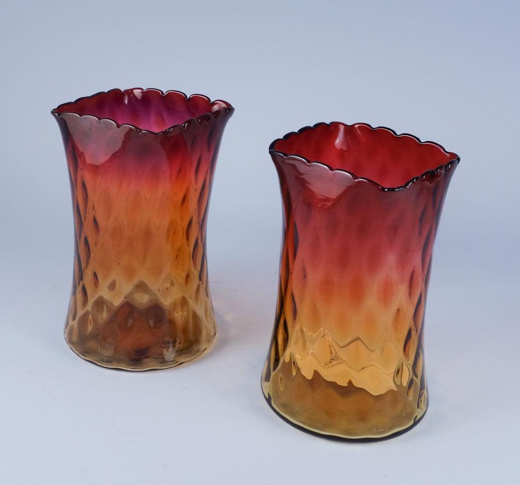 2 Amberina Venetian Diamond Scallop Rim Celery Vases: Lot of 2 Amberina Venetian diamond square, scalloped rim celery vases, 6 1/4"