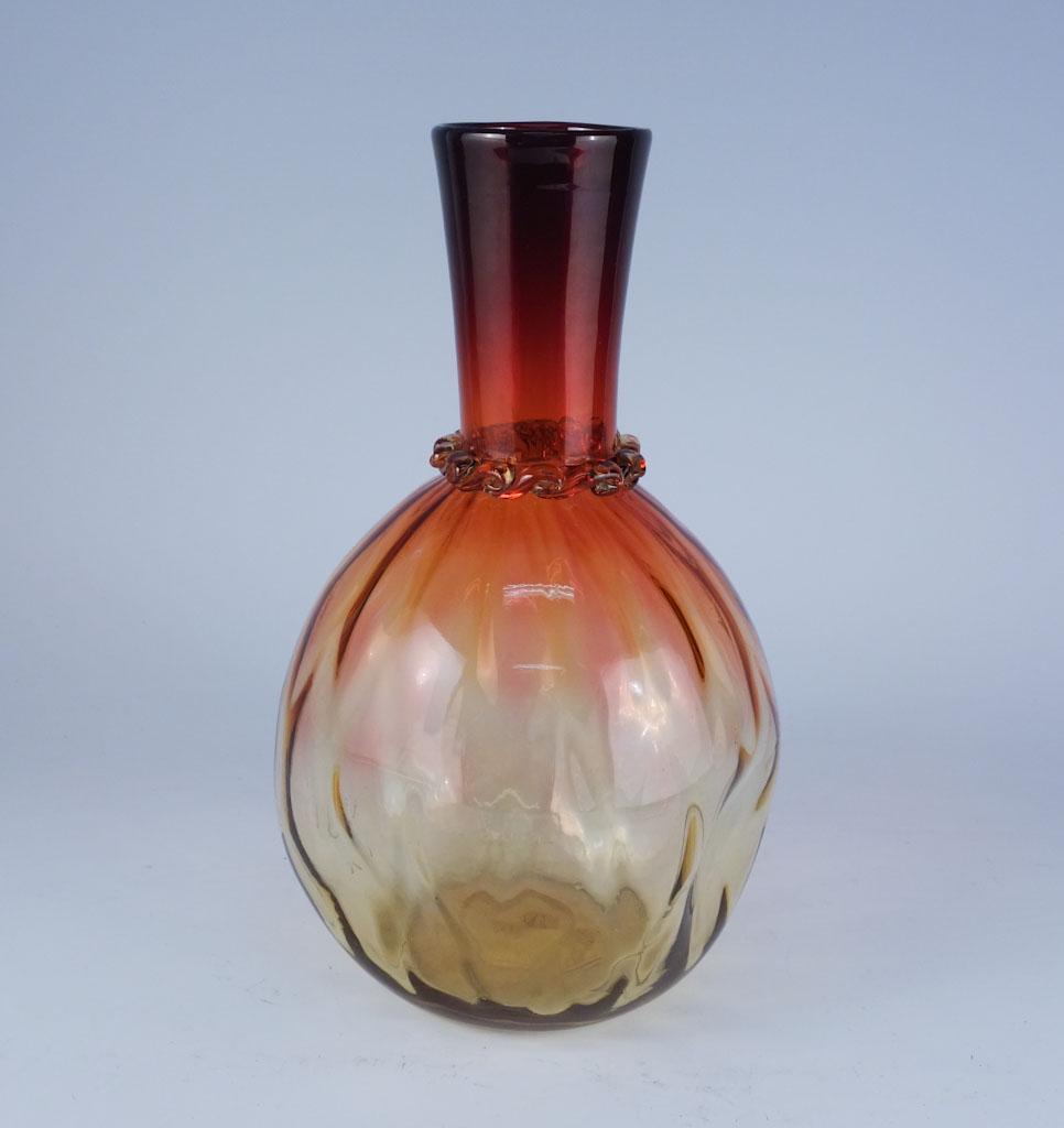 Amberina Pinch Bottle Flask w Applied Decoration: Amberina Pinch Bottle Flask w Applied Decoration at Neck 8 3/4"