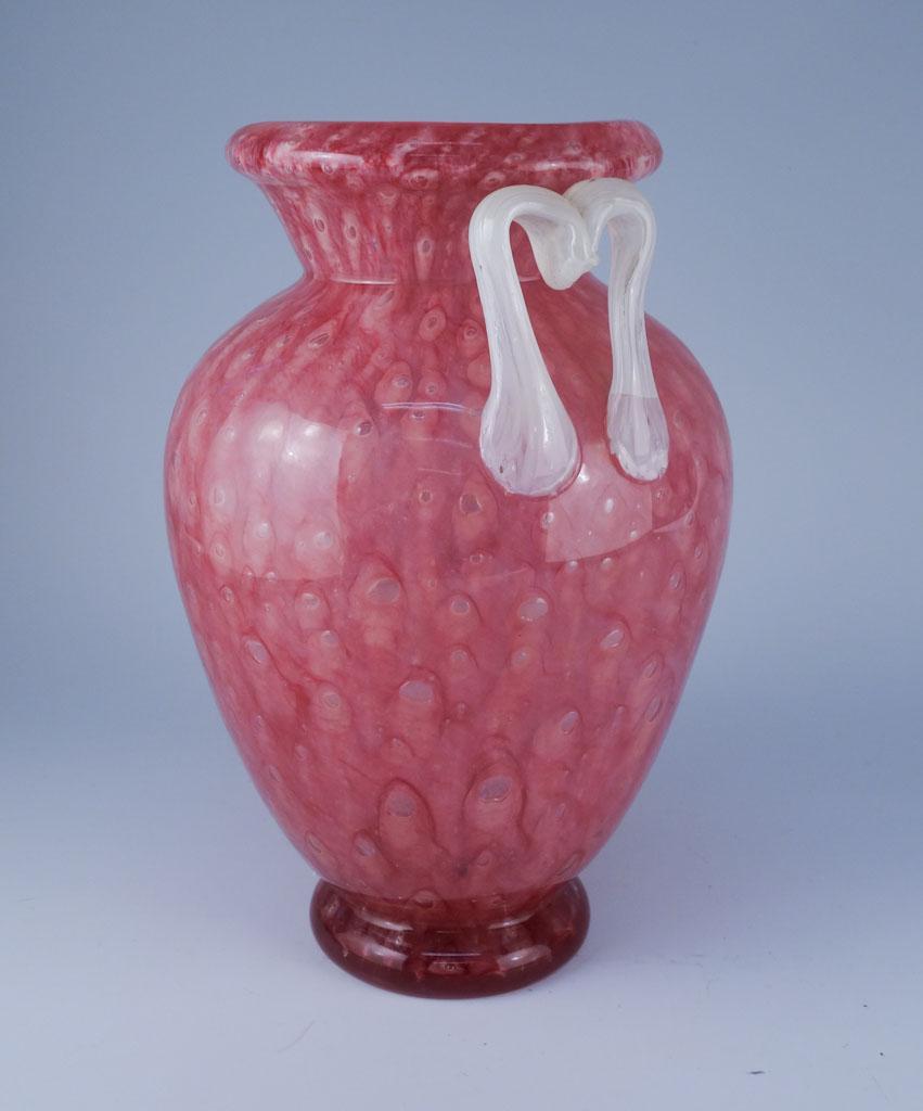 Steuben Signed Rose Cluthera Footed Vase Form 8508: Steuben Signed Rose Cluthera Footed Vase Opaline Handle missing handle Form 8508 10 1/2in