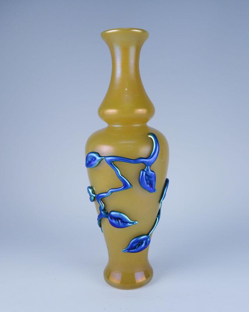 Steuben Yellow Jade Applied Blue Aurene Lamp Form 8513: *Steuben Yellow Jade Blue Aurene Decorated Lamp Form 8513 10 3/4"