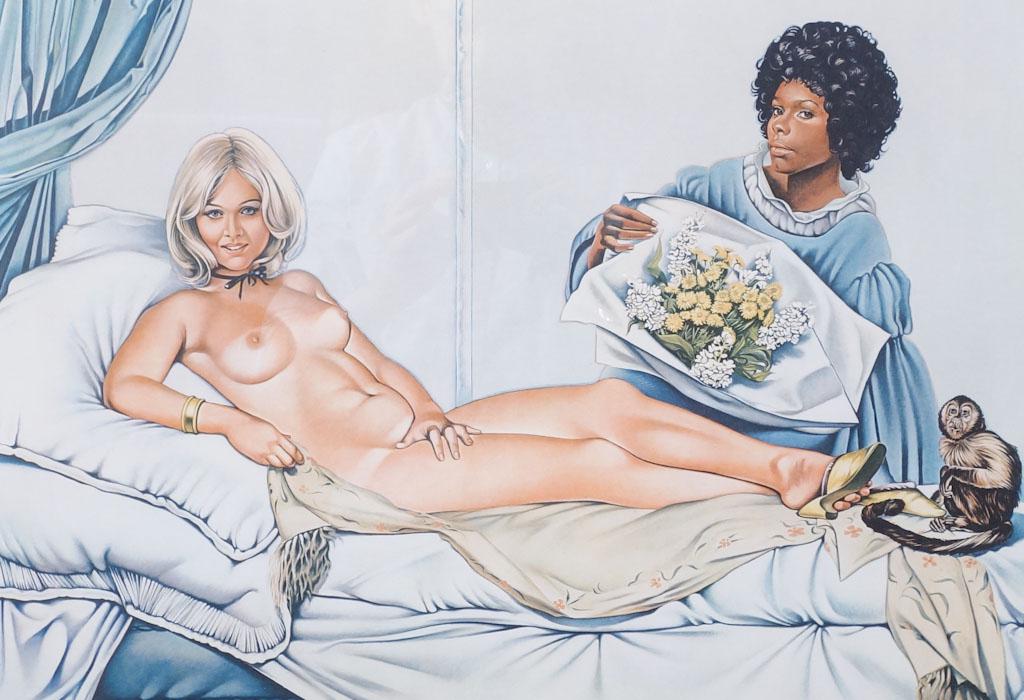 Mel Ramos Signed Print Two Women and a Monkey: This is a signed Mel Ramos print of two women and a monkey 25" x 19" frame: 35 1/4" x 29" x 7/8"