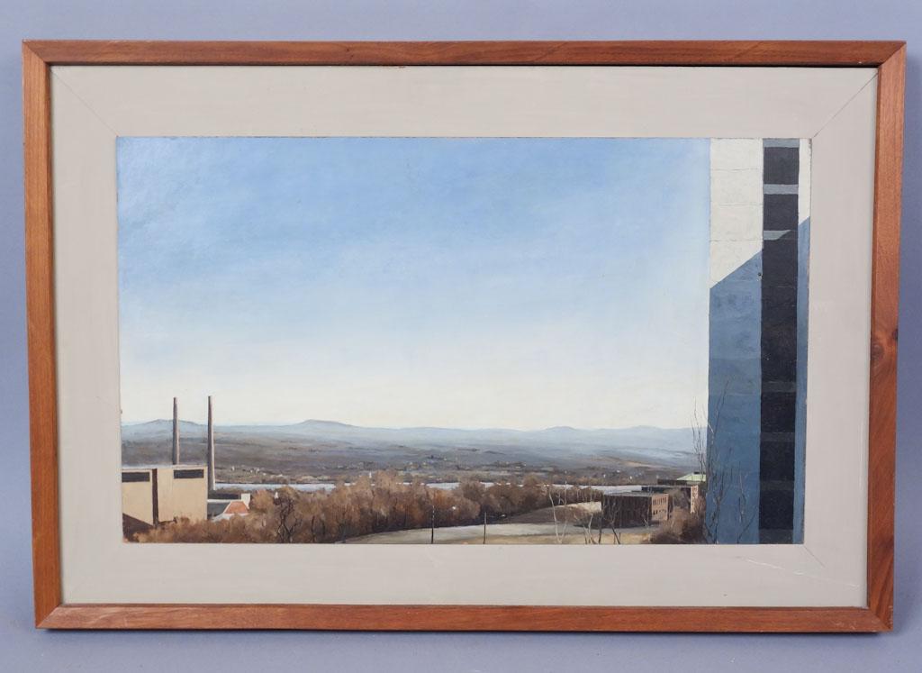 View Over Hudson River Tom Nelson Signed Painting: This is a signed Tom Nelson oil on board painting. 20" x 13" frame: 27.50" x 19.75" x 1.50"