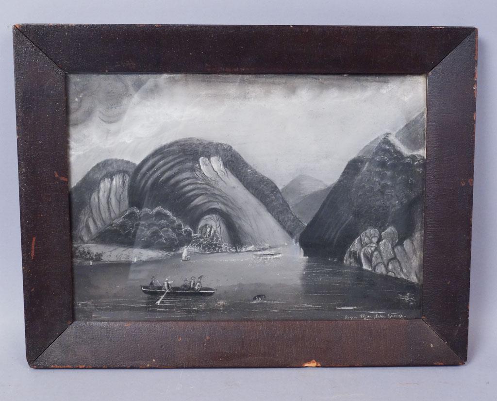Vladislav Vasquez 19c Lake George NY Folk Art Painting: Folk art painting of Rogers Slide on Lake George. Signed by Vladislav Vasquez Painting 14 1/4" x 10 1.8" Frame 16 7/8" x 13 3/4 x 1