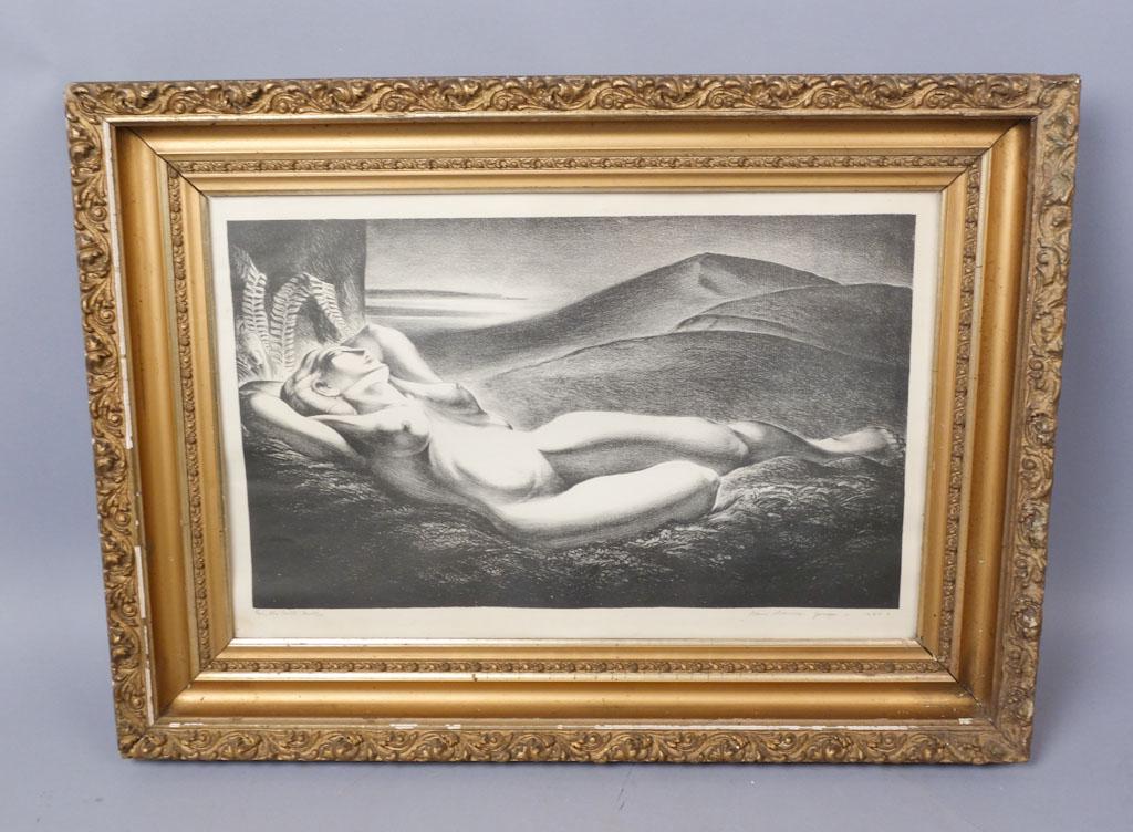 Dan Burne Jones Signed Lithograph Eve, The Earth Mother: Original lithograph print from American artist Dan Burne Jones (1908-1995). The artist is known for his depictions of nudes with surreal backdrops. He worked on prints by Rockwell Kent in addition to 