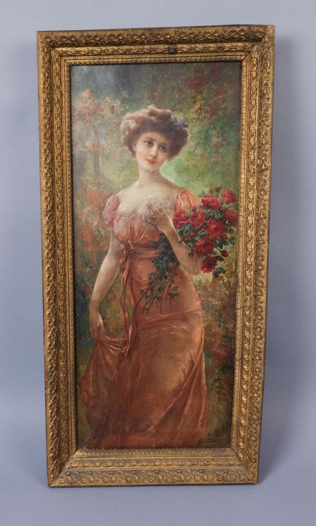 Emile Vernon "Girl With Roses": A portrait of a young woman with roses. Four old repairs to the canvas. Canvas: 30"x 13" frame: 16.25" x 33.25" x 2.50"