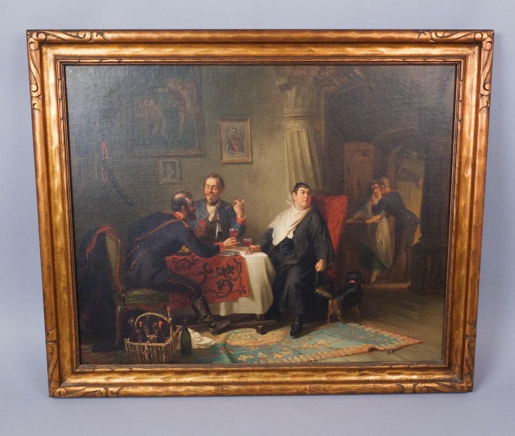 19c Genre Painting of Prussian Officers: This scene depicts three Prussian officers relaxing over wine and cigars, while a younger officer engages a young woman in conversation. Signed F. Ortlieb. Canvas: 24x30" Frame: 34" x 28.25" x 1.25"