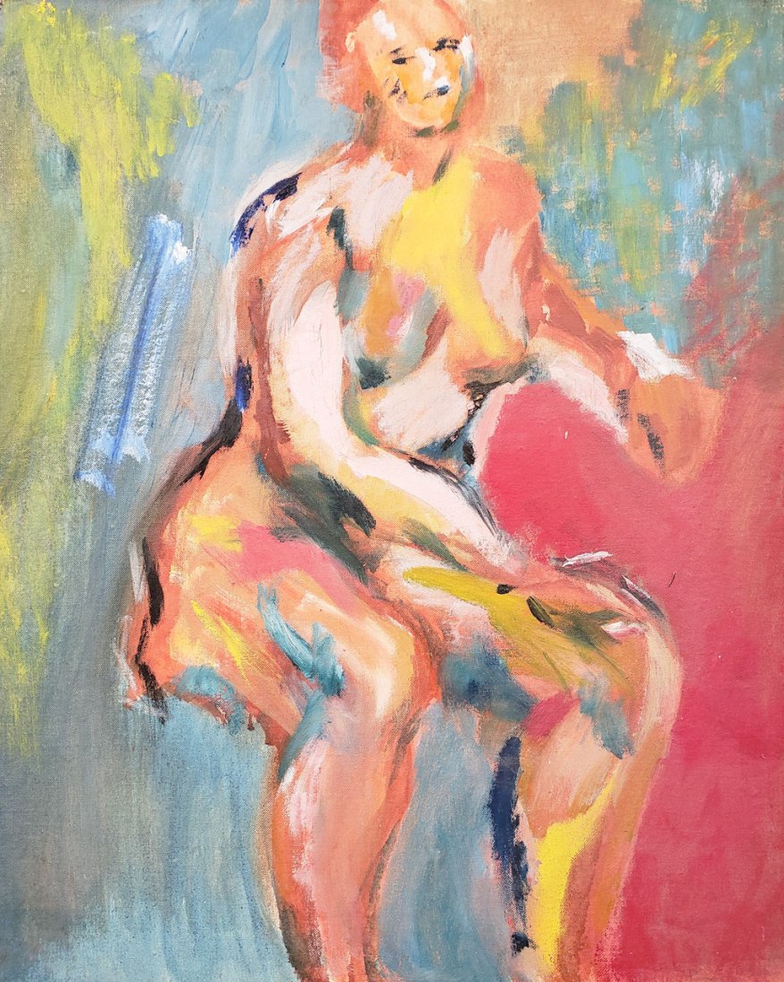 Painting Seated Woman in Manner of WM. de Kooning: This is an original oil painting portrait on board in the manner of Willem de Kooning (1904-1997). From a New York estate, this painting was found with two others also listed in this auction. The prov
