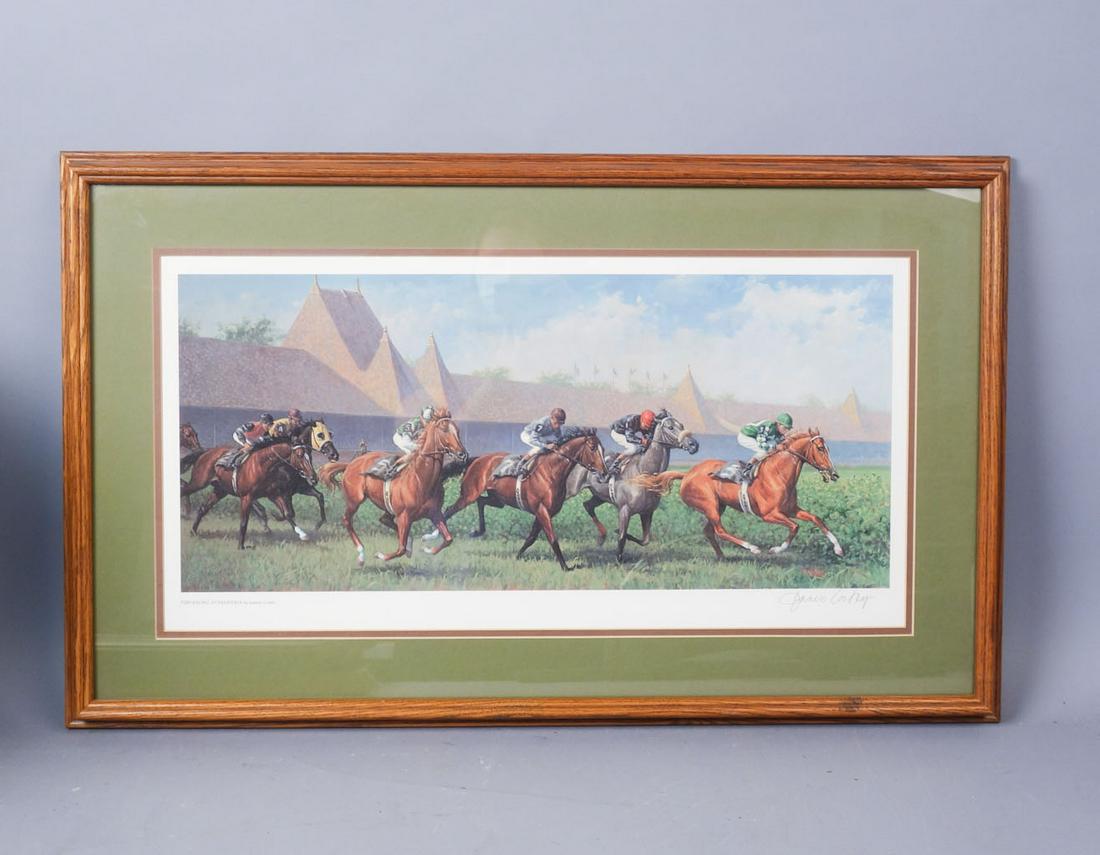 Jenness Cortez Signed Saratoga Flat Track Print: Jenness Cortez "Turf Racing at Saratoga" signed Saratoga Flat Track Print. 24 1/2" x 12" frame: 31" x 19" x 1 1/4"