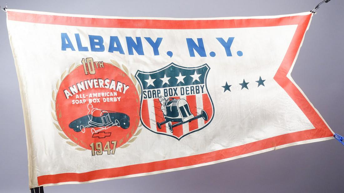 1947 10th Anniversary Soap Box Derby NY Pennant Flag: Vintage pennant flag from the 1947 Soap Box Derby of Albany, NY. The All-American Soap Box Derby was started in Dayton, Ohio in 1934 by Myron Scott. The event quickly grew national, pausing only betwe