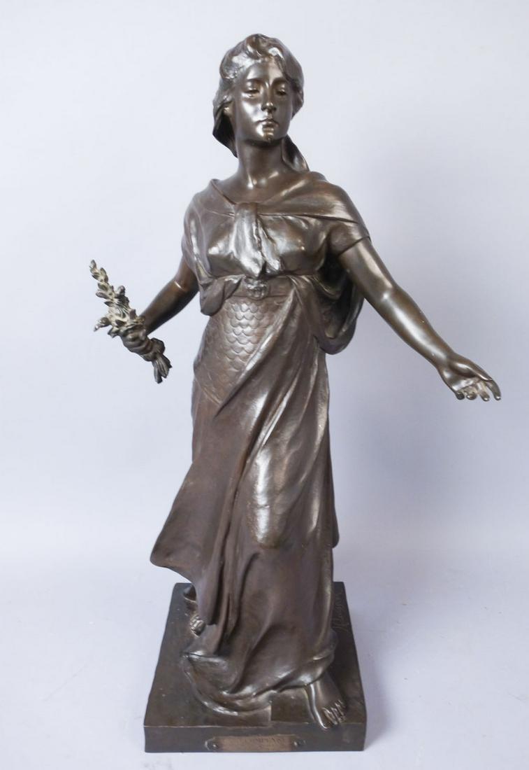 Bronze Sculpture Young Woman "La Recompense": 30" Bronze Sculpture of a Young Woman with an inscription that reads Â“La Recompense Par H. Levasseur Salon Des Beaux Arts" signed H. Levasseur. The back reads, “university faculty trophy inter-c