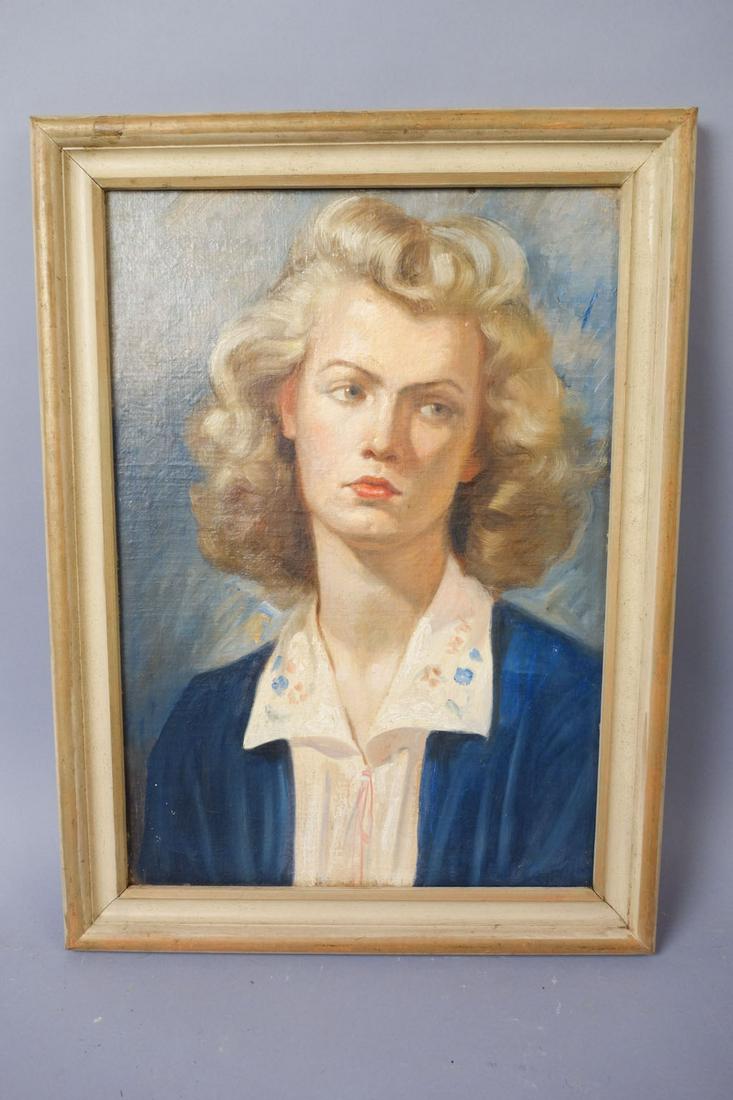 Frank von der Lancken Painting Portrait of 1940's Woman: 14" x 20" frame: 17 1/4" x 23 1/4" x 1 1/4"