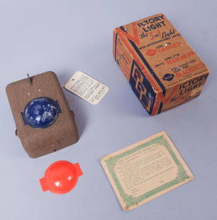 WW2 Victory Blackout Flashlight: WWII Victory light with box, and red and blue lenses and a leaflet for more lenses. Box: 5 1/2"x 3 1/2"x 2 1/2" Light: 4 3/4" x 3 1/8" x 2 1/2"