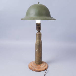 Homemade Shell Case Lamp with Doughboy Shade: Lamp made out of a shell casing and doughboy helmet with a wooden base. 17 1/4"x 7"