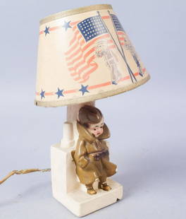 Miniature Soldier Lamp with Paper Shade: Unmarked miniature lamp with paper shade. 7 1/2x 2 1/4"x2"