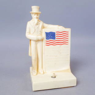 Uncle Sam Nite Lite Bank: Plastic combination night light and coin bank. Features Uncle Sam standing next to an American flag and the Pledge of Allegiance. Has original tags/stickers on underside. Does not work. 8" tall