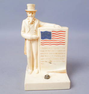 Uncle Sam Nite Lite Bank: Plastic combination night light and coin bank. Features Uncle Sam standing next to an American flag and the Pledge of Allegiance. Has original tags/stickers on underside. This light is functional. 8"