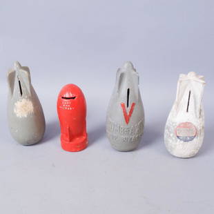 Lot of 4 WW2 Era Bomb Banks: 1 plain gray ceramic bomb bank. 1 gray ceramic bomb bank marked "V" "Bomb The Axis Bonds Buy Bombs" V is painted red. 1 red bank with "Save For Victory" on opposite sides. Marked with a patent on