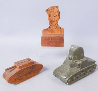 Lot of 3 WW2 Era Banks: 1 wooden tank bank, with "Save For Victory Philadelphia PA" marked on top. 1 wooden bank with a standee of a USN sailor. Bank is marked "Save For Victory Macon Ga." 1 ceramic tank bank stamped