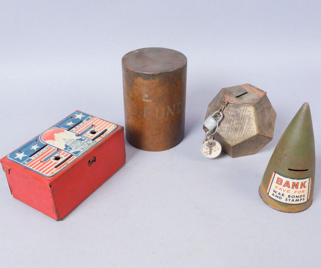 Lot of 4 WW2 Era Metal banks: One metal machinist mate bank with lock and key, one rectangular metal budget bank, one save for war bonds and stamps bank, one E Co. Fund bank. Machinist bank 4", Budget bank 2 3/4", War bonds bank 5
